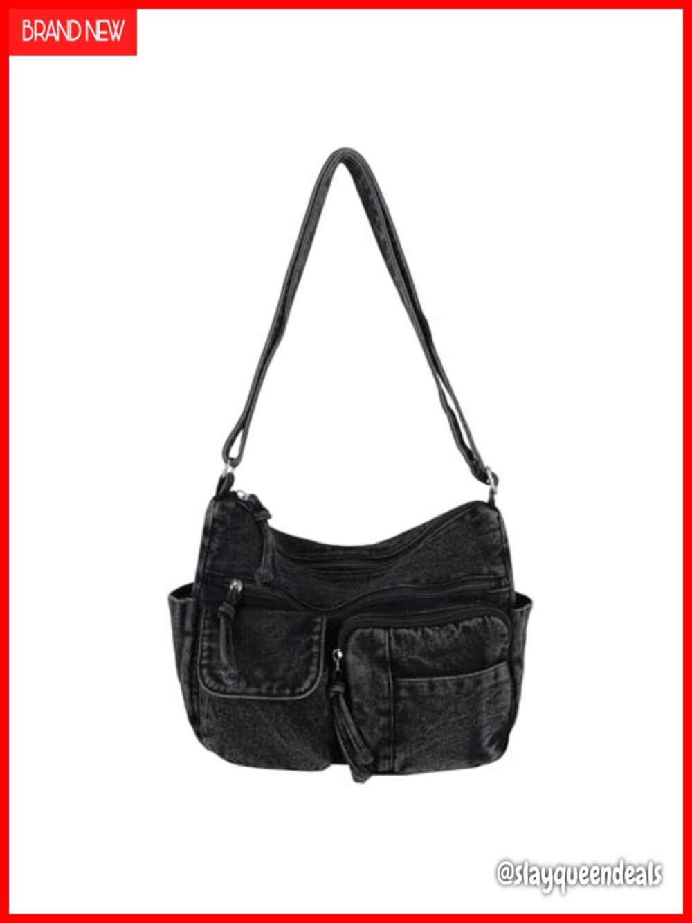 Y2K Grunge Washed Denim Crossbody Bag Multi Pocket Hobo Shoulder Purse